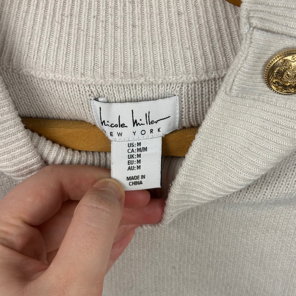Nicole Miller New York Striped Mock Neck Sweater Gold Button Shoulder Sz M - Picture 3 of 7
